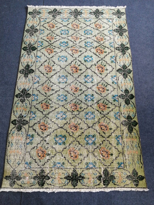 3.7 x 6.2 Green Vintage Rugs TURKISH HAND MADE Rugs Vintage Turkish Rugs Oushak Rug Wool Rug, Turkish Rug, Vintage Oushak Rug