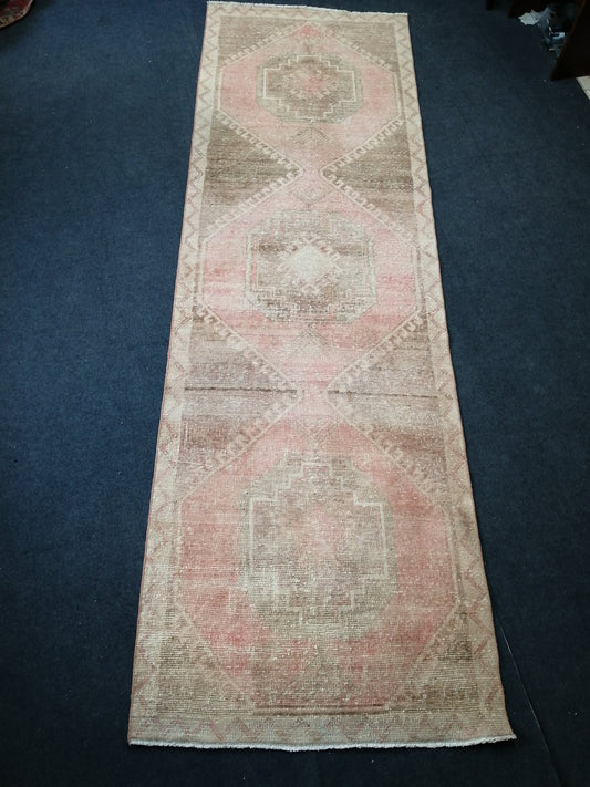 Muted Oushak Runner Rug 3.4 x 11 Turkish Runner Rug Vintage Runner Rug Neutral Hallway Runner Rug Kitchen Runner Rug Muted Wool Runner Rug