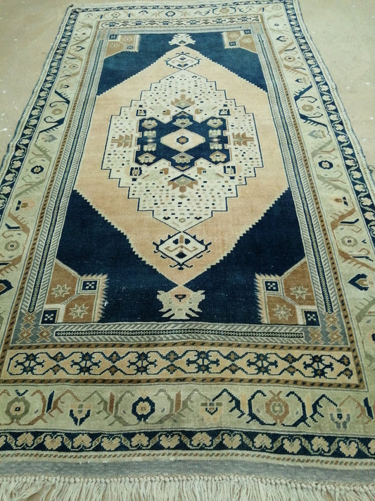 4.4 X 9.8 Vintage RUG Navy Blue TURKISH Oushak Rug Vintage Oushak Runner Rug Wool Oushak Rug Hand Made Rugs Turkish Rug