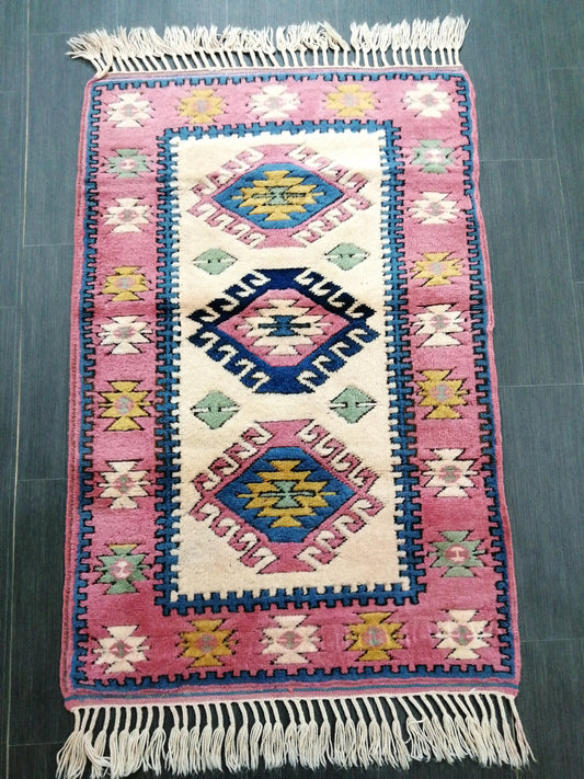 4.3X2.9 PINK AND NAVY Rug Hand Made Rug, High Pile Oushak Rug, 3x4 Boho Rug, Rug Runner, Plush Turkish Rug, Farmhouse Rug, Vintage Wool rug