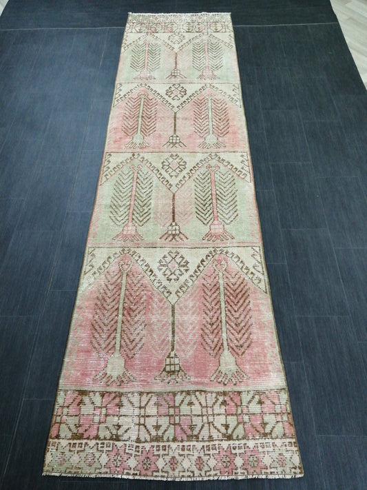 Muted Oushak Runner Rug 11.3 x 3 Pink and Green Vintage Runner Rug Distressed Hallway Runner Rug Kitchen Runner Rug Wool Runner Rug