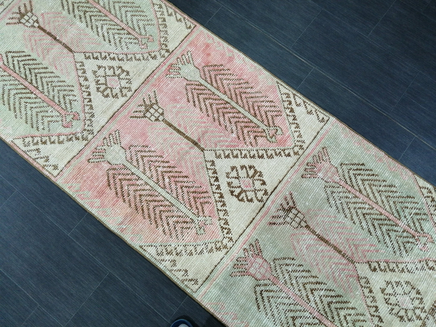 Muted Oushak Runner Rug 11.3 x 3 Pink and Green Vintage Runner Rug Distressed Hallway Runner Rug Kitchen Runner Rug Wool Runner Rug