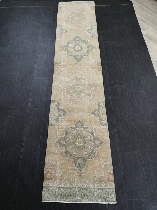 Muted Vintage Runner Rug 2.5 x 12.5 Hallway Runner Rug Kitchen Runner Rug Wool Runner Rug Oushak Runner Rug Turkish Runner Rug