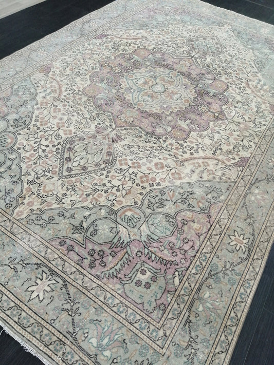 Muted OUSHAK RUG 6.2 x 9.3 TURKISH Rug Vintage Oushak Rug Muted Vintage Rug Wool Oushak Rug Hand Made Rugs Vintage Turkish Rug
