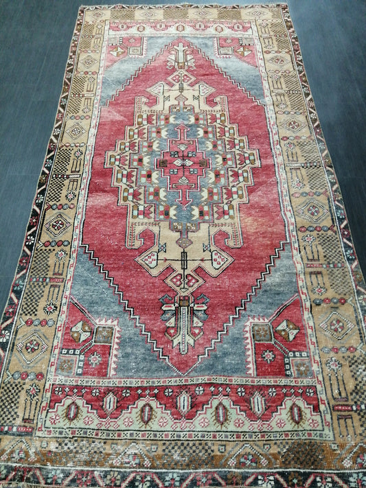 Muted OUSHAK RUG 4.2 x 8.3 Muted Vintage Rug Vintage Rug Ice Blue Wool Oushak Rug Hand Made Rugs Vintage Turkish Rug