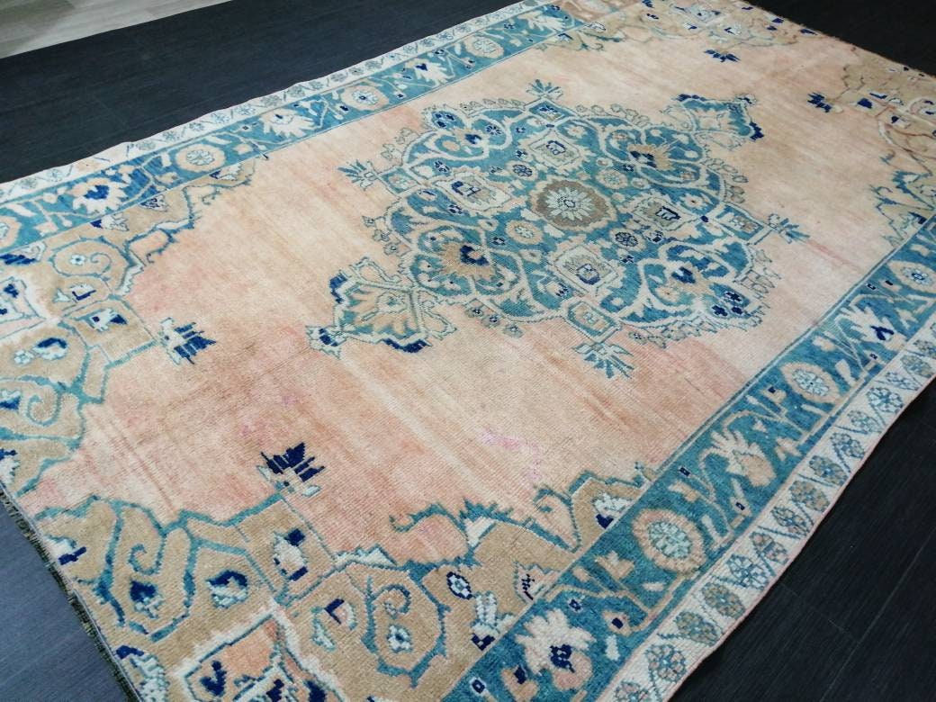 Wool Vintage Rug Turkish Rug 5.4 x 8.8 Muted Oushak Rug, Hand Made Rug, Living Room Rug, Oushak Rug, Blue Rug Medium Wool Pile Rug