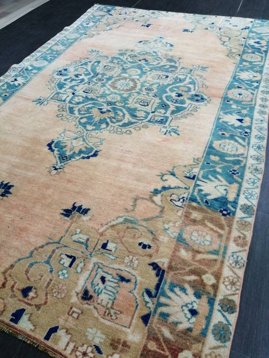 Wool Vintage Rug Turkish Rug 5.4 x 8.8 Muted Oushak Rug, Hand Made Rug, Living Room Rug, Oushak Rug, Blue Rug Medium Wool Pile Rug