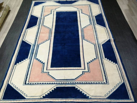 Vintage Rug, Navy Unique Pattern Rug 6.8 x 9.8 Oushak Rugs, 7x10 Rugs,Turkish Rugs Navy Blush Green Rugs, Oriental Rug, Fine Rugs