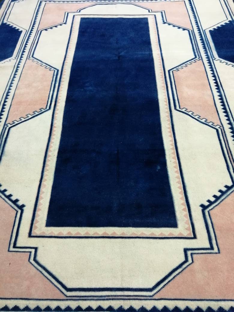 Vintage Rug, Navy Unique Pattern Rug 6.8 x 9.8 Oushak Rugs, 7x10 Rugs,Turkish Rugs Navy Blush Green Rugs, Oriental Rug, Fine Rugs