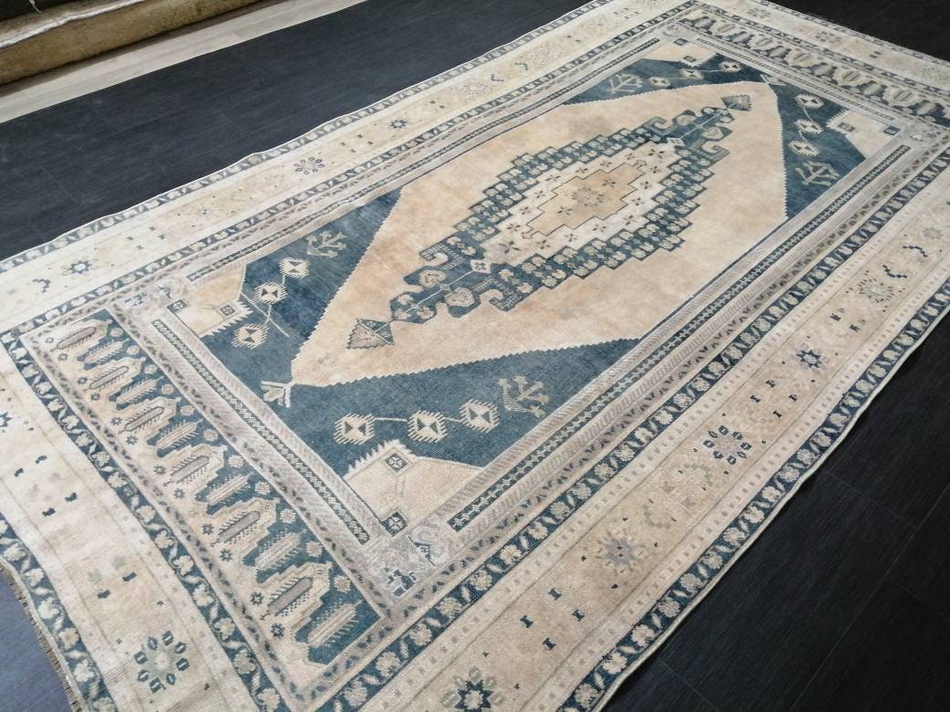 OUSHAK RUG 9.5 x 5.2 TURKISH Oushak Rug Vintage Oushak Rug Muted Vintage Oriental Rug Wool Oushak Rug Hand Made Rug Vintage Persian Rug