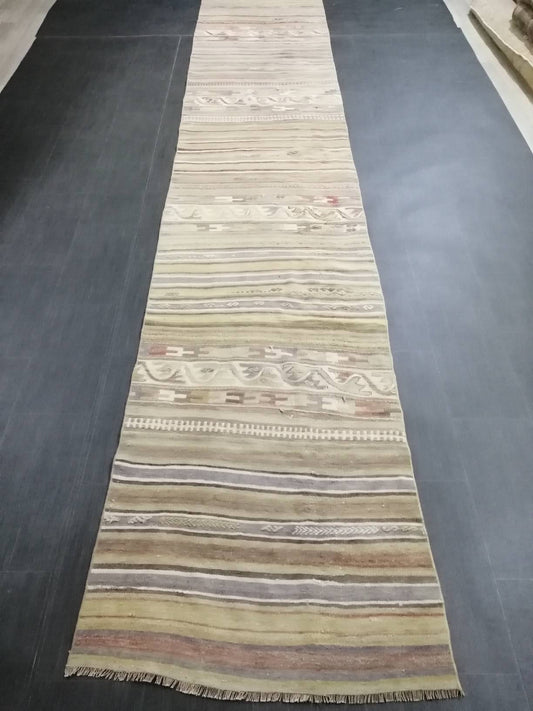 Vintage Runner rug 2.9 x 15.4 Flat woven Runner Kilim Rug With Embroidery XL Oriental Runner Carpet, Vintage Kilim Rug Wool 3x16 Carpet Rug