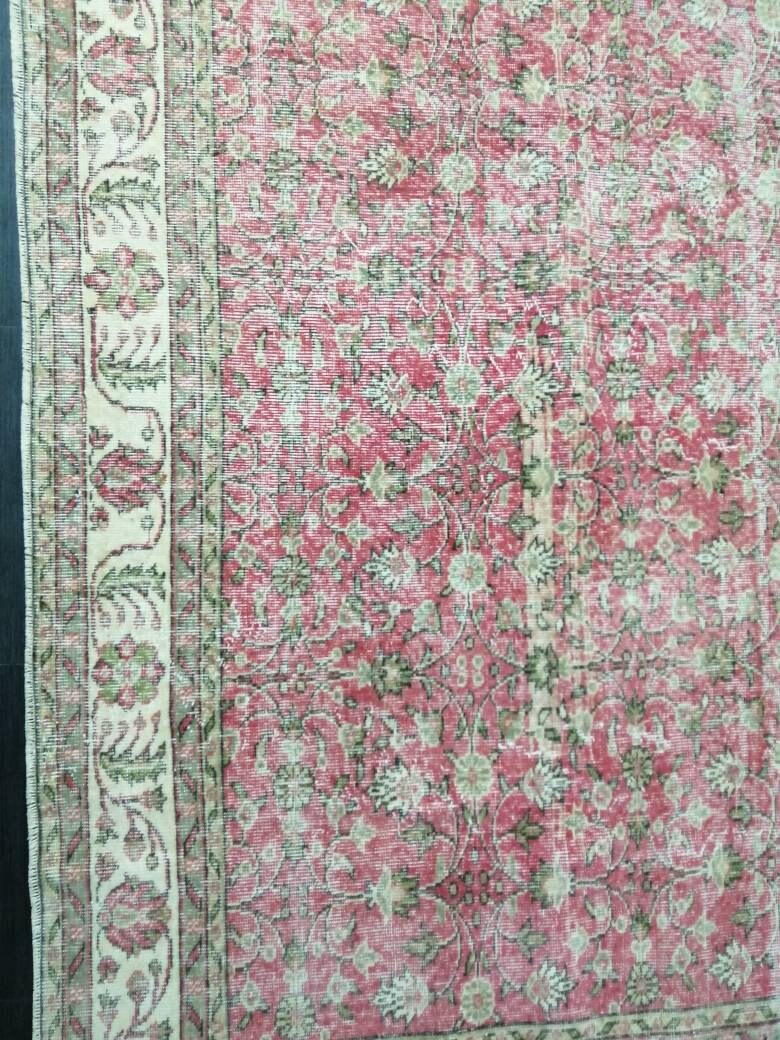 Vintage RUG 7.4 x 10.4 Vintage TURKISH Rug Persian Vintage Rug Floral Oushak Rug Large Hand Made Rugs Vintage Turkish Pink Rug 7x10