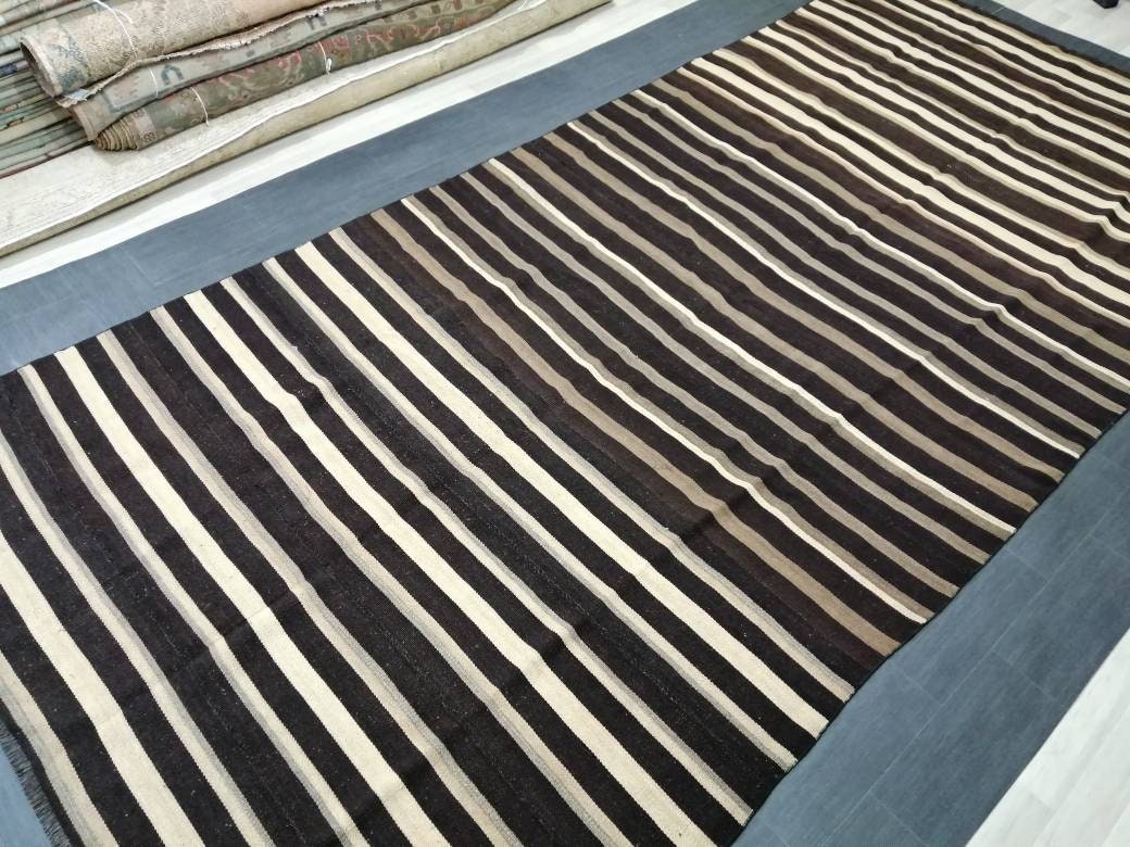 7 x 15.3 Neutral Oriental Flat woven Rug, No Dye Flatweave Carpet , Stripped Flatweaving, Rustic Rug, Farmhouse Rug, Dark Oushak 7x15 rug