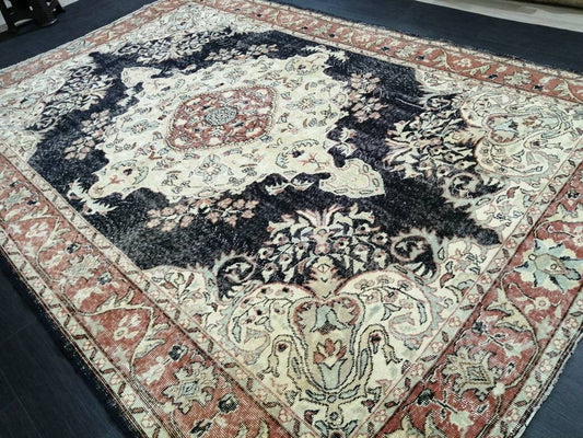 Vintage RUG 7 x 10. 4 TURKISH Oushak Rug Vintage Navy Oriental Rug Vintage Persian Rug Hand Made Rugs Turkish Rug