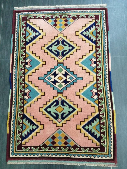 3 x 4.5 PINK AND NAVY Rug Hand Made Rug, High Pile Oushak Rug, Boho Rug, Oriental Rug Plush Turkish Rug, Farmhouse Rug, Vintage Wool rug