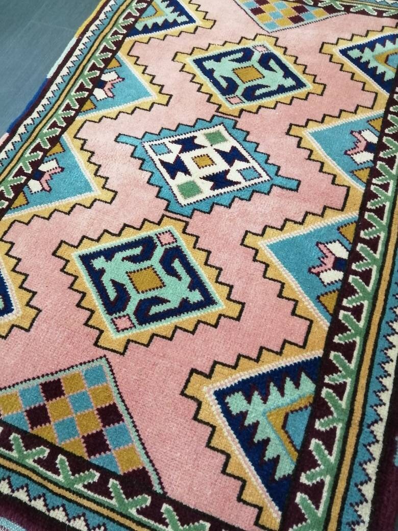 3 x 4.5 PINK AND NAVY Rug Hand Made Rug, High Pile Oushak Rug, Boho Rug, Oriental Rug Plush Turkish Rug, Farmhouse Rug, Vintage Wool rug