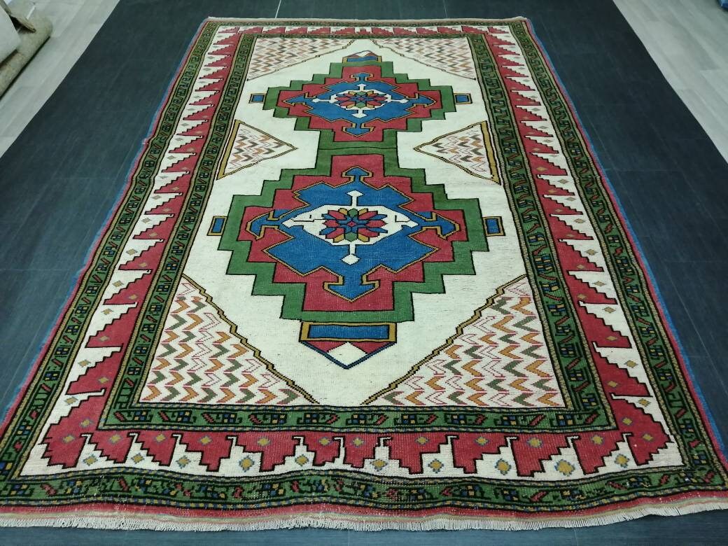 TURKISH Rug, wool Hand Made Rug, 6x9 Rustic Oushak Rug, Boho Rug, Vintage Blue and Green Rugs, Farmhouse Rug, Vintage Rug, Oushak Rug