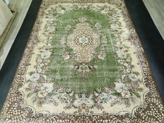 Green Turkish Rug 7x10 Large Area Rug Pastel colors Vintage Rug Hand Made Oushak Rug Muted Rug Earth Tones Rug Wool Pile Rug Rustic Rug