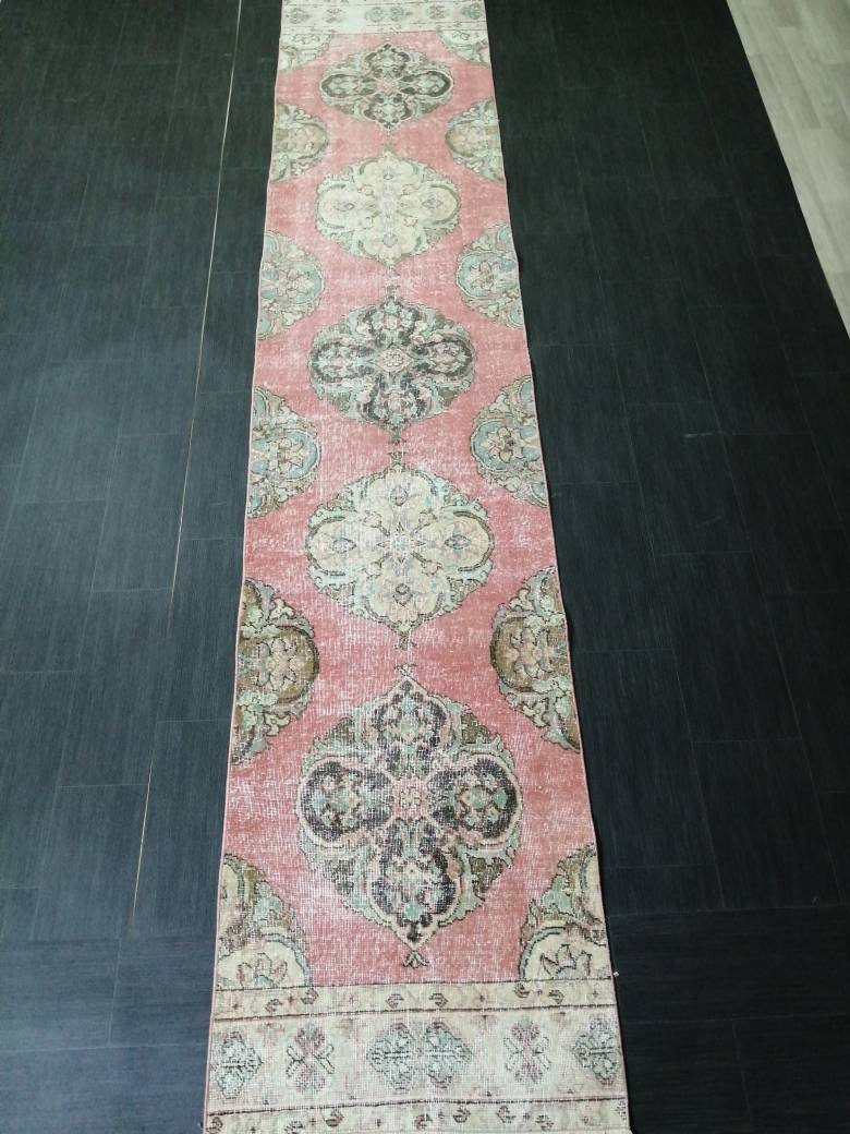 Muted Vintage Runner Rug 2.6 x 12.7 Hallway Runner Rug Kitchen Runner Rug Wool Runner Rug Oushak Runner Rug Turkish Floral Runner Rug