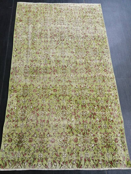 Vintage Green Rug Hand Made Rug, 3.6 x 6.5 Modern Oushak Rug, Boho Leaves Rug, Fun Turkish Rug, Farmhouse Rug, Vintage Wool rug