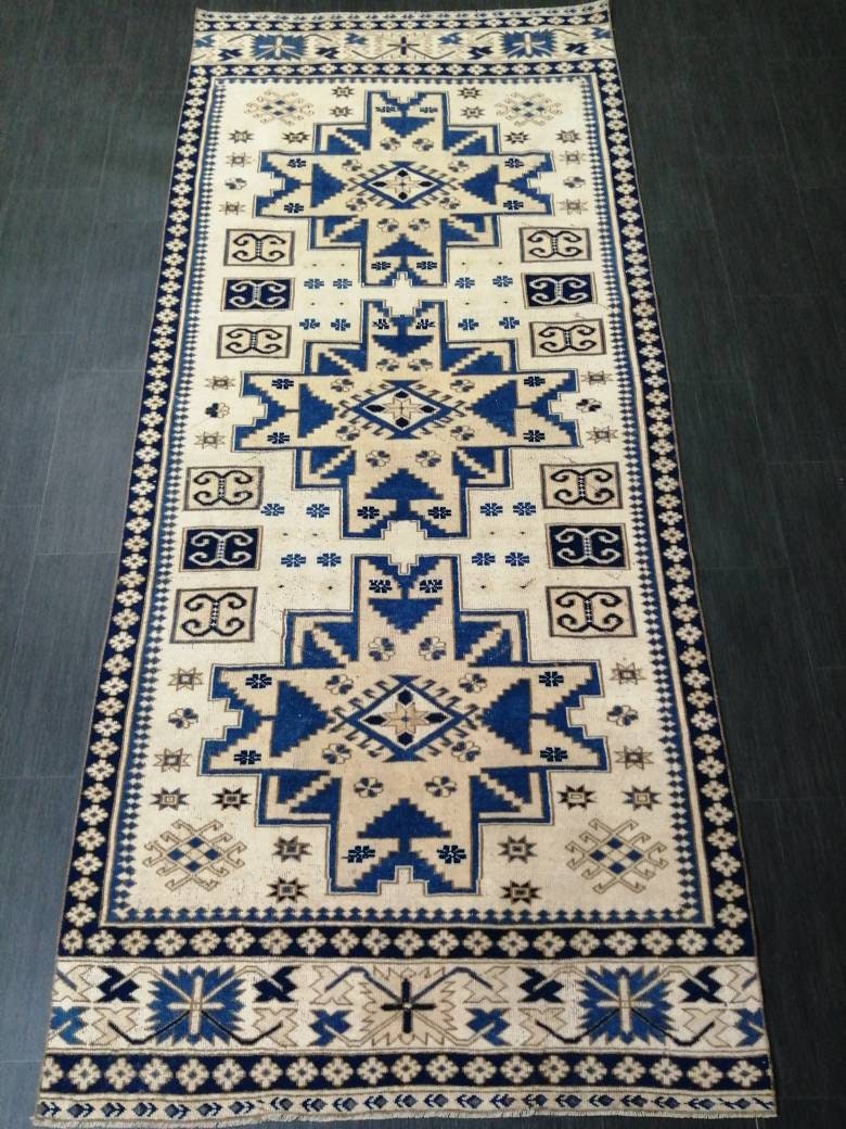 Oriental RUG 4.2 x 9.6 Oushak Rug Blue Persian Rug Navy Vintage Rug Fine Oushak Rugs Antique Turkish Rug Muted Cream Turkish room Rug
