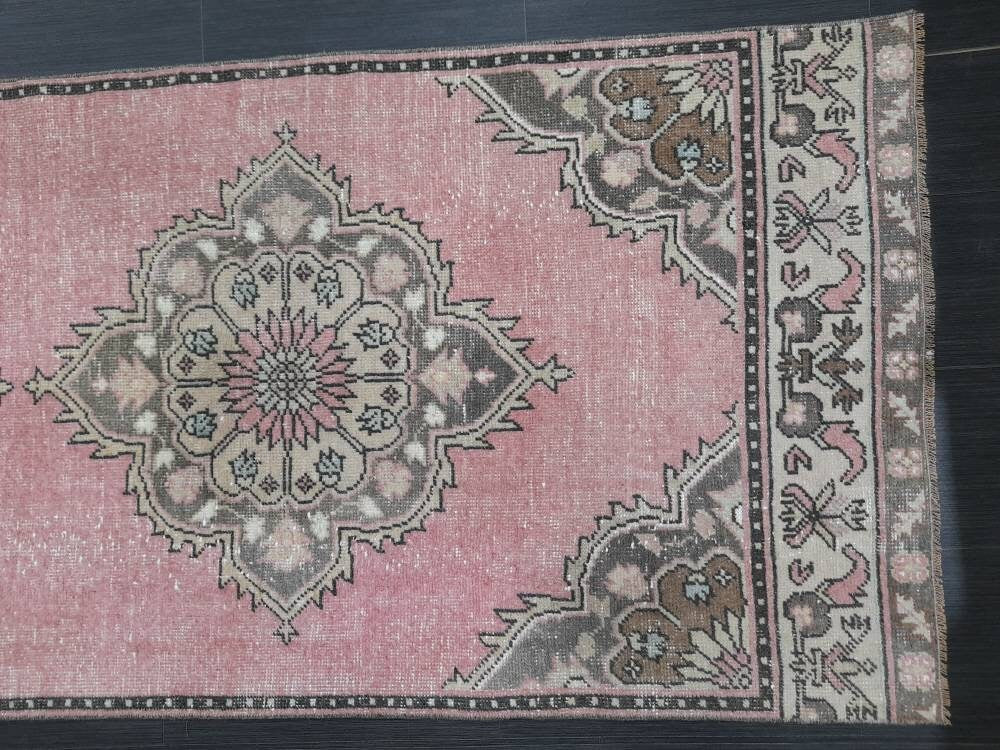 Vintage Runner Rug Muted 3.2 x 11.2 Hand Made Runner Rug Turkish Runner Rug Pink Vintage Runner Rug Hallway Runner Rug Wool Kitchen Runner