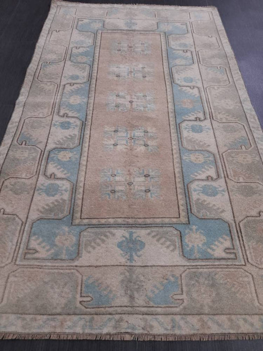 Muted Vintage Turkish Rug 3.5 x 6 Oushak Rug, Wool Oriental Rug, Blue Muted Vintage Persian Rug, Hand Made Rug Blue Vintage Wool Rug