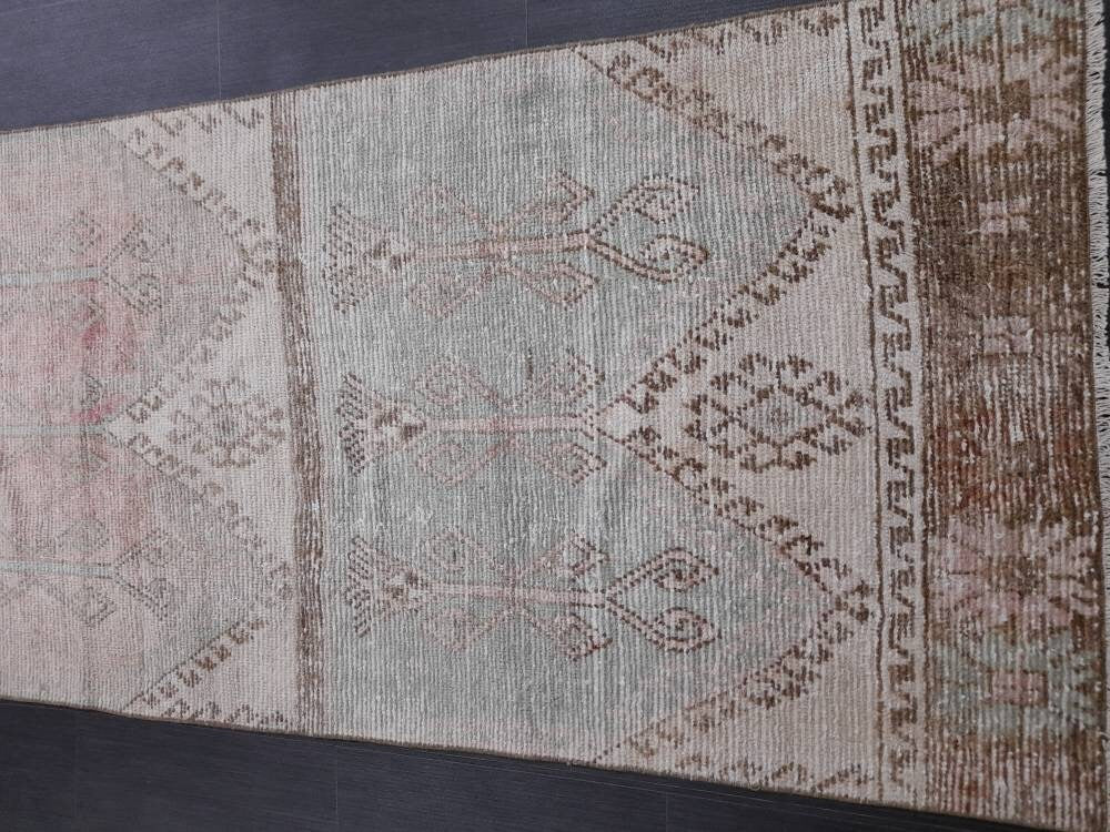 Muted Vintage Runner Rug 3.2 x 12.3 Hand Made Runner Rug Turkish Runner Rug Pink Vintage Runner Rug Hallway Runner Rug Distressed Runner Rug