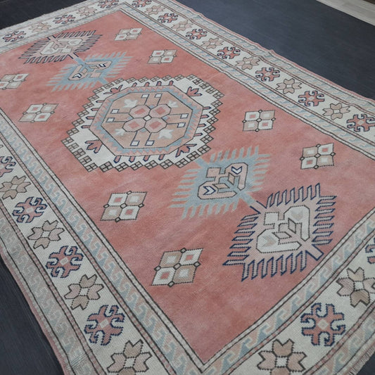 Muted Vintage Turkish Rug 5.2 x 8 Oushak Rug, Wool Oriental Rug Pink Muted Vintage Persian Rug, Hand Made Rug Pink Vintage Wool Rug 5x8
