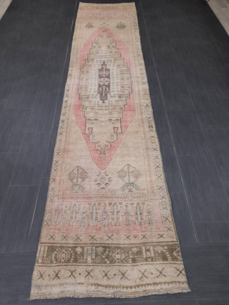 MUTED Staircase Runner Rug 2.7 x 12.2 Vintage Turkish Runner XL Vintage Oriental Pink Runner Rug Oushak Runner Rug Plush Soft Wool Runner