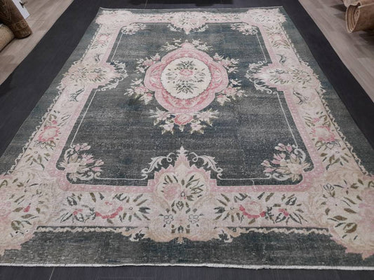 Vintage RUG Hunter Green and Light Pink Antique Rug Vintage Wool 7.3 x 10 Oriental Rug Hand Made Rug Hand Knotted Rug Wool on wool Rug