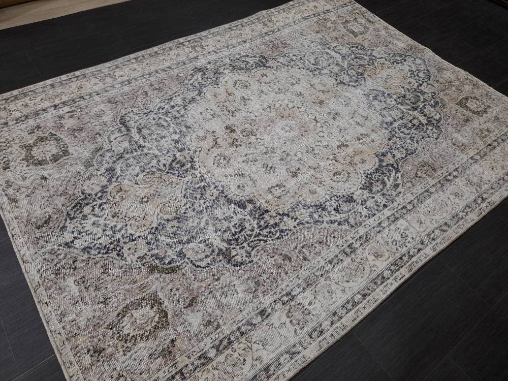Distressed HAND Knotted Rug 6x8 Vintage Turkish Rug Oushak Rug Persian Rug Oriental Blue Rug Muted Vintage Floral Rug Elegant Wool Rug