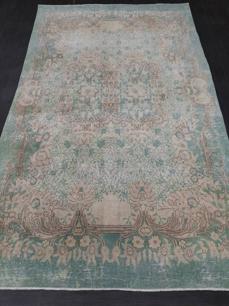 TURKISH HAND MADE Rug 5.6 x 9.2 Vintage Turkish Rug Oushak Rug Traditional Rug Oriental Green Rug Muted Vintage Floral Rug Elegant Wool Rug