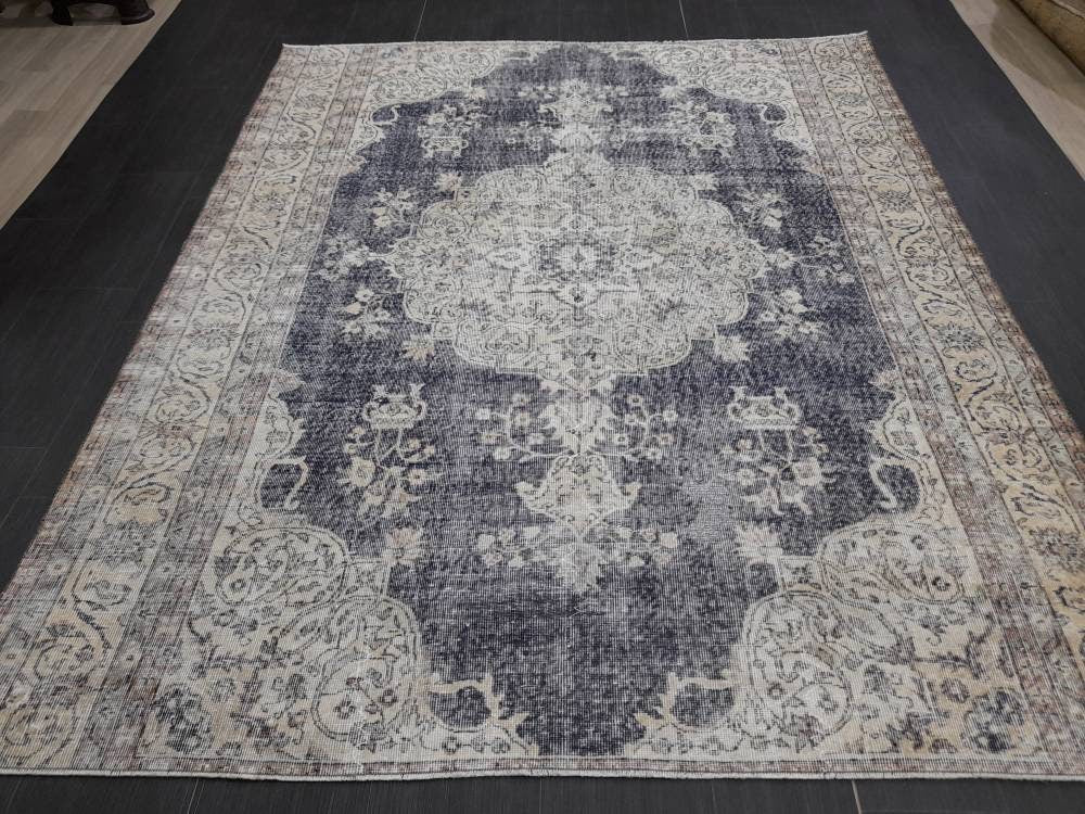 TURKISH HAND Knotted Rug 6.5 x 8 Vintage Turkish Rug Oushak Rug Traditional Rug Oriental Blue Rug Muted Vintage Floral Rug Elegant Wool Rug