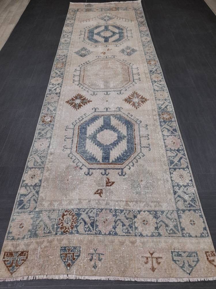 Muted Turkish Runner Rug 3.8 x 13 Oushak Runner Rug Vintage Runner Rug Hallway Runner Kitchen Runner Rug Wool Runner Rug Oriental Runner