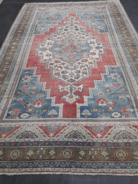Oushak Rug 6.5 x 10 Blue And Red Persian Rug Vintage Rug Soft Wool Rug Antique Turkish Rug Muted Quality Turkish Rug