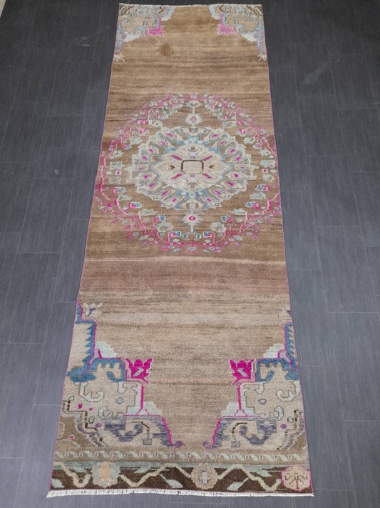 Vintage Runner Rug 3.6 x 10.5 Turkish Runner Rug Varigated Brown Vintage Runner Rug Hallway Runner Rug Kitchen Runner Rug Wool Runner