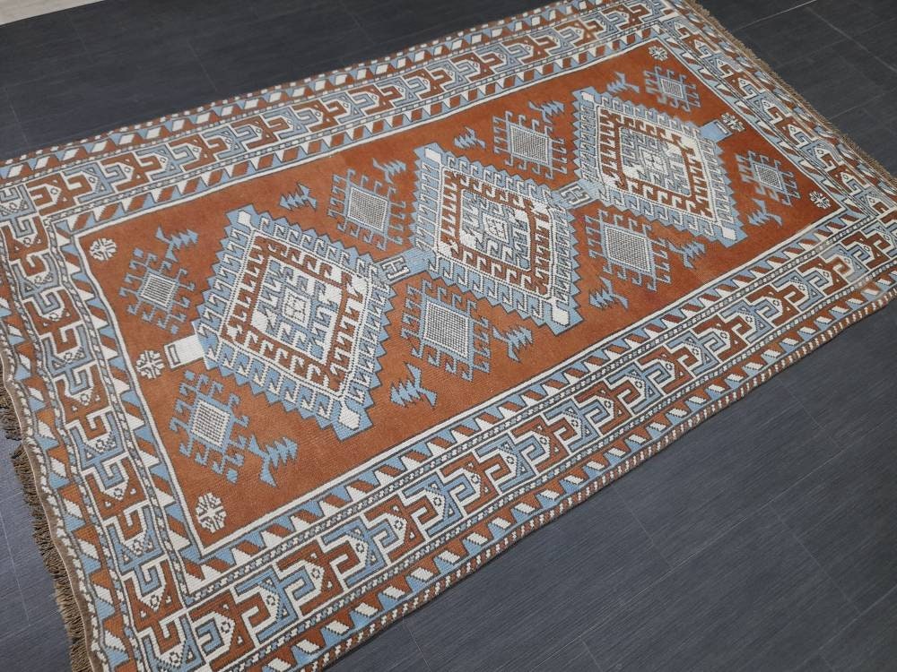 Turkish Rug 4.6 x 7.5 Vintage Oushak Rug Light Blue and Brown Vintage Rug Wool Muted Oushak Rug Hand Made Rugs Vintage Turkish Rug