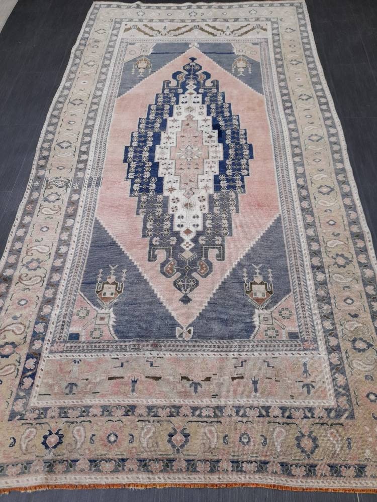 Blue and Pink Vintage Rug 5.2 x 10 Authentic Turkish Oushak Rug Hand Knotted Rug Rustic Rug, Wool Turkish Rug 5x10 Rug Oriental Rug