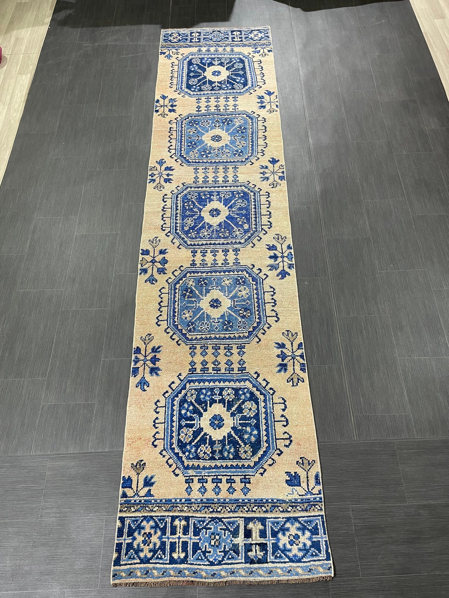 Blue and Blue Vintage Runner Rug Vintage Oushak Runner Rug 2.7 x 12 Hallway Runner Rug Turkish Kitchen Runner Antique Oriental Runner Rug