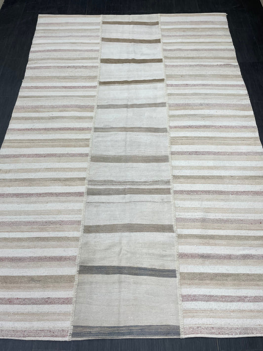 Neutral Vintage Rug 6.4 x 9.7 Stripe Wool Rug Muted Vintage Flat woven Rug Neutral Flatweave Carpet Stripped Rug Handmade Rug Turkish Kilim