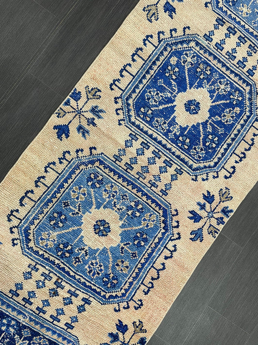 Blue and Blue Vintage Runner Rug Vintage Oushak Runner Rug 2.7 x 12 Hallway Runner Rug Turkish Kitchen Runner Antique Oriental Runner Rug