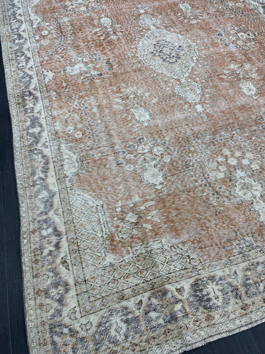 TURKISH HAND MADE Rug 6.3 x 9.7 Vintage Distressed Rug Oushak Rug Persian Rug Oriental Rug Vintage Apricot Color Rug Wool Rug