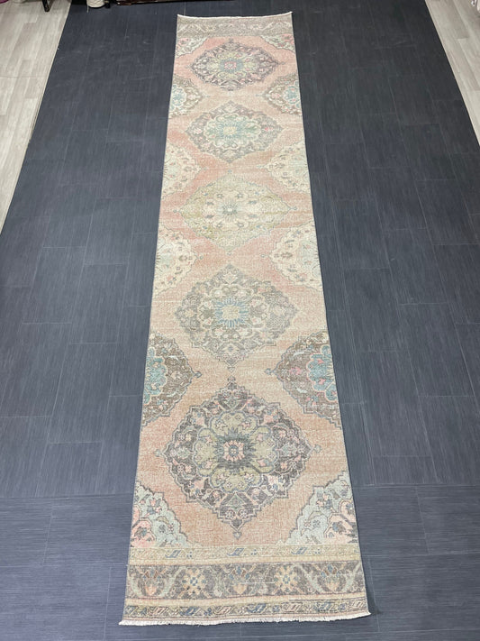 Distressed Runner Rug Muted Turkish Runner 3 x 13.2 Rug Pink Vintage Runner Rug Hallway Runner Rug Muted Persian Runner Rug Wool Runner