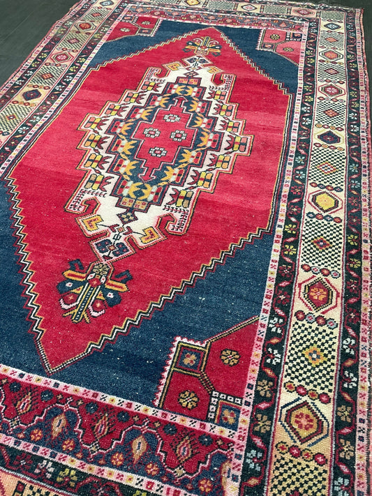 Colorful Navy and Red RUG TURKISH 4.6 x 7.8 Rug Vintage Handmade Vintage Runner Rug Wool Rug Hand Knotted Rugs Vintage Turkish Rug