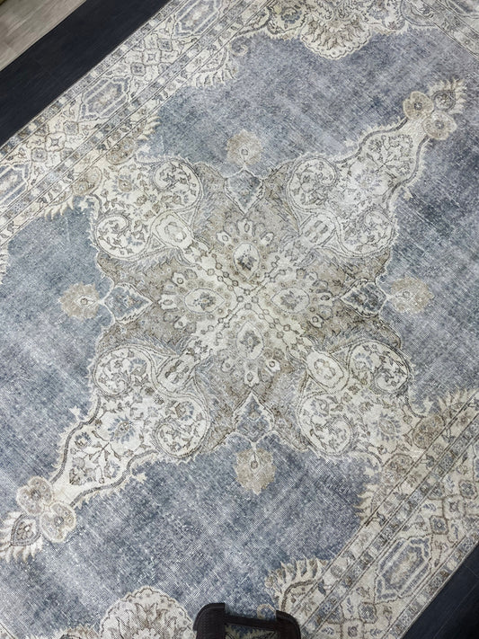 Denim Blue TURKISH HAND MADE Rug 7.7 x 11.5 Vintage Distressed Rug Oushak Rug Traditional Rug Oriental Rug Vintage Floral Rug Wool Rug