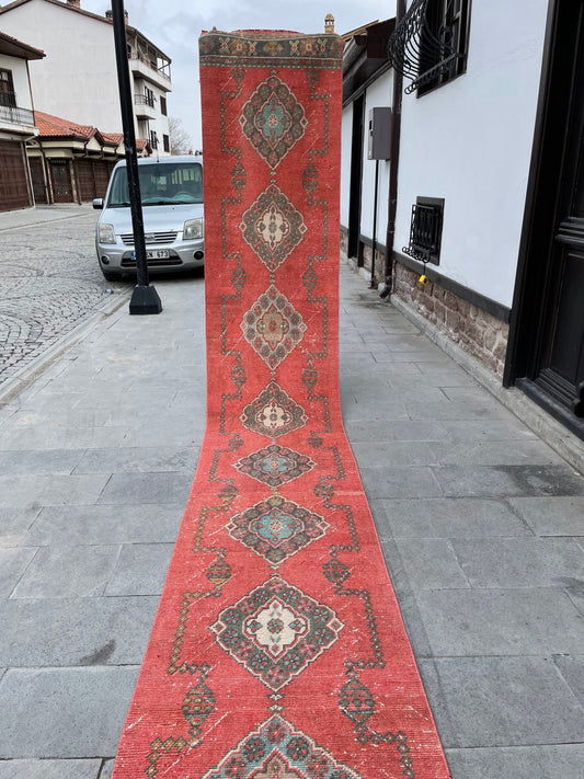 Extra Long Turkish Runner Very Long Oushak Runner Rug 2.6 x 20 ft Vintage Runner Rug Red Color XL Oriental Runner Rug Staircase Runner rug