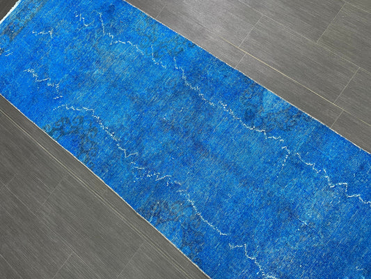 Blue Oushak Runner Rug 2.6 x 11.6 Turkish Runner Rug Overdye Vintage Runner Rug Hallway Runner Kitchen Runner Rug Wool Staircase Runner Rug