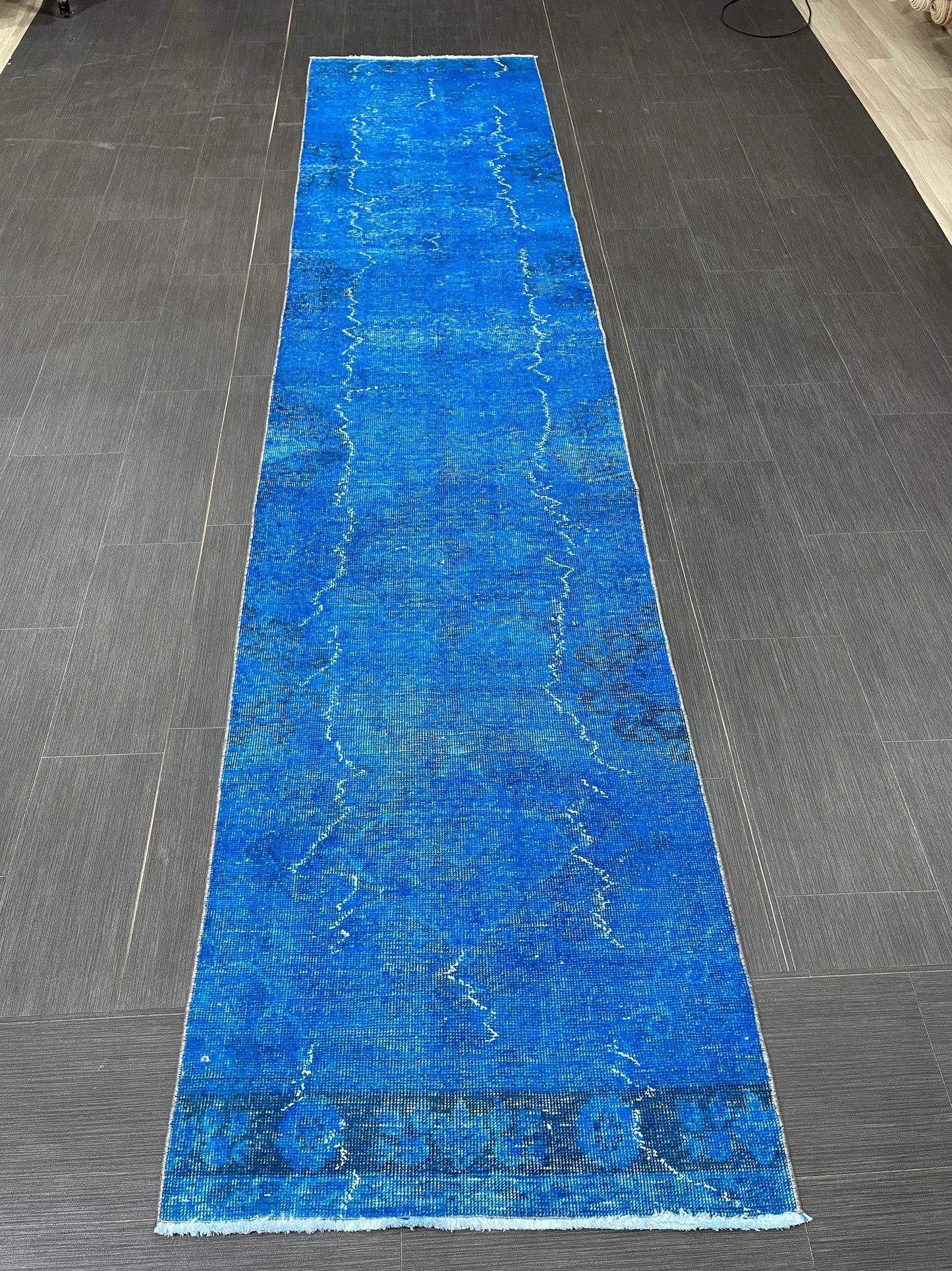 Blue Oushak Runner Rug 2.6 x 11.6 Turkish Runner Rug Overdye Vintage Runner Rug Hallway Runner Kitchen Runner Rug Wool Staircase Runner Rug