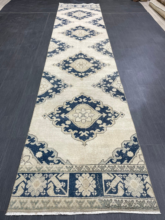 WOOL Hand Knotted Runner Rug Turkish Runner Rug 2.8 x 12.7 Muted Vintage Hallway Runner Rug Kitchen Runner Rug Persian Runner Rug Navy